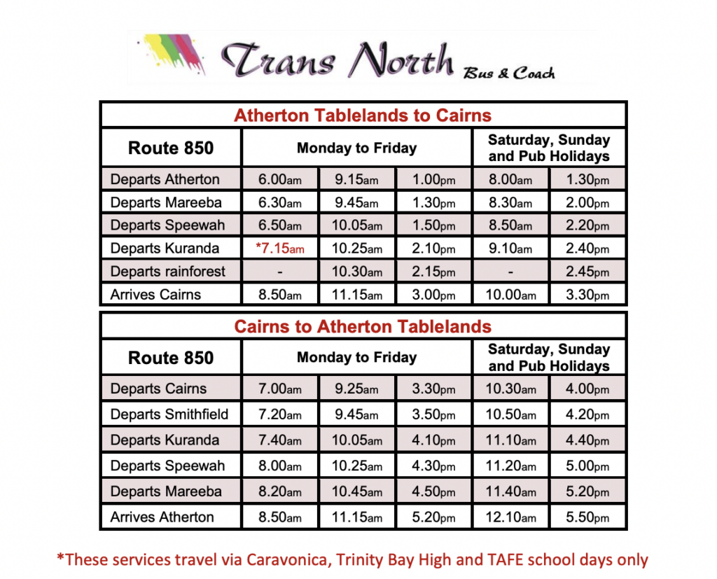 Trans North Bus Cairns time table