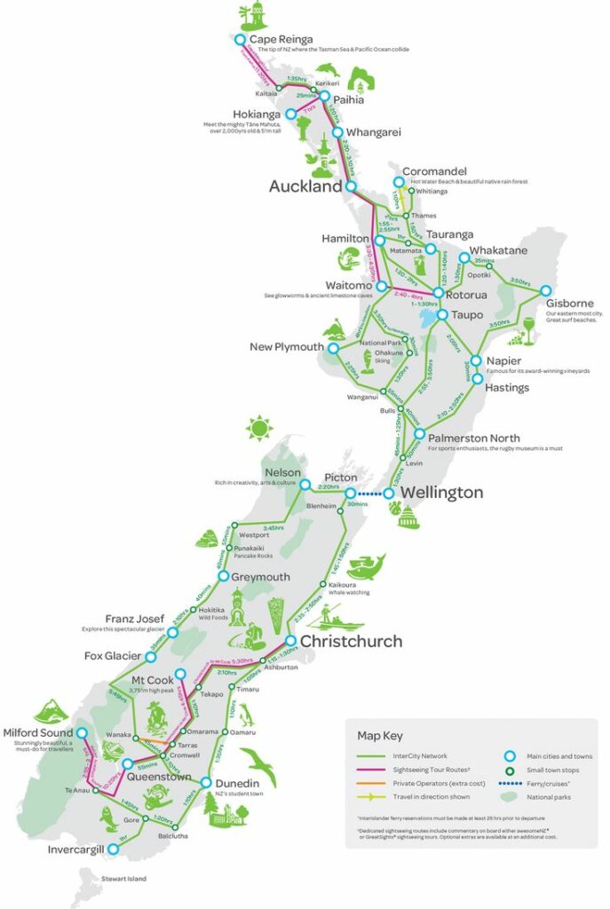 紐西蘭交通 Intercity 大巴路線圖
