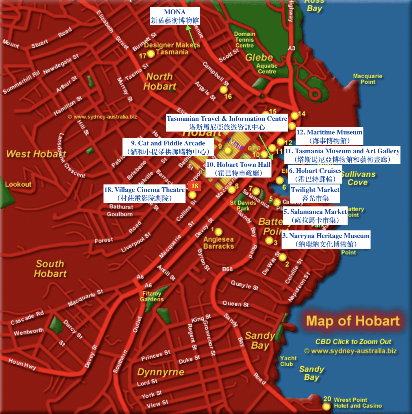 【塔斯馬尼亞景點】17+必去國家公園、Hobart/Launceston市區景點推薦 - 第8張圖 塔斯馬尼亞荷巴特觀光景點地圖